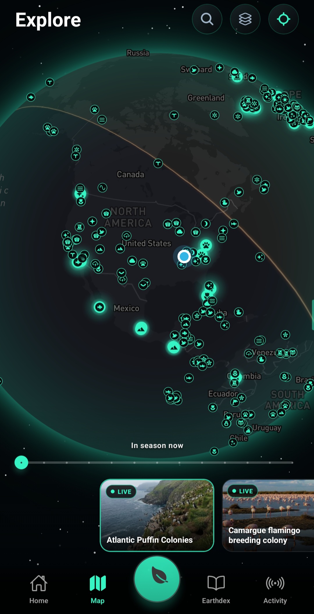 Earth Exhibit app, the live phenomena map