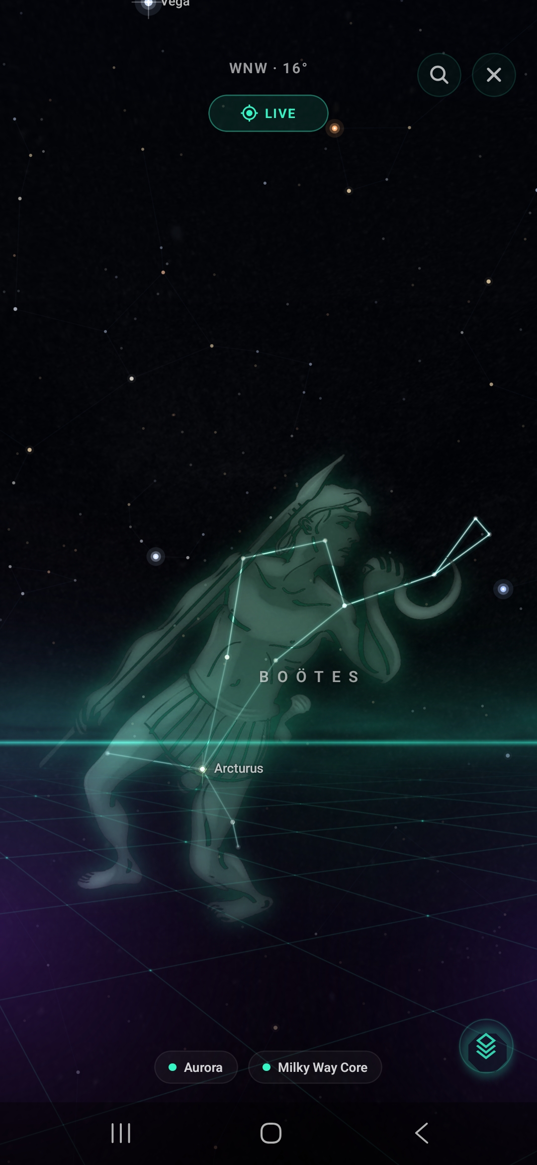 Earth Exhibit app, augmented-reality sky view with constellations